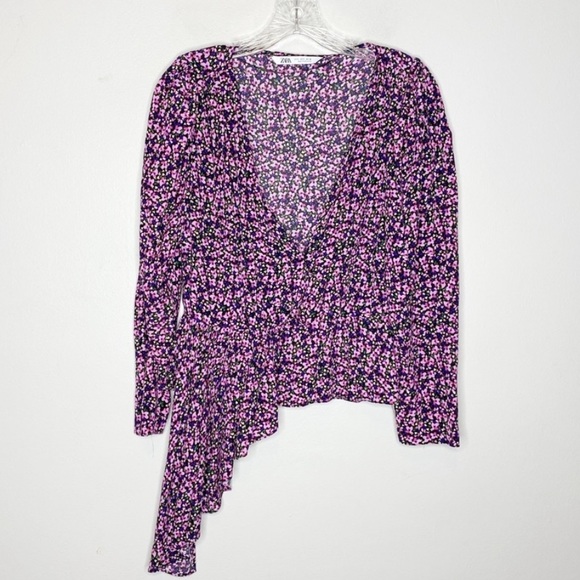 Zara Asymmetrical Hem Floral V Neck Blouse Small - Picture 1 of 9